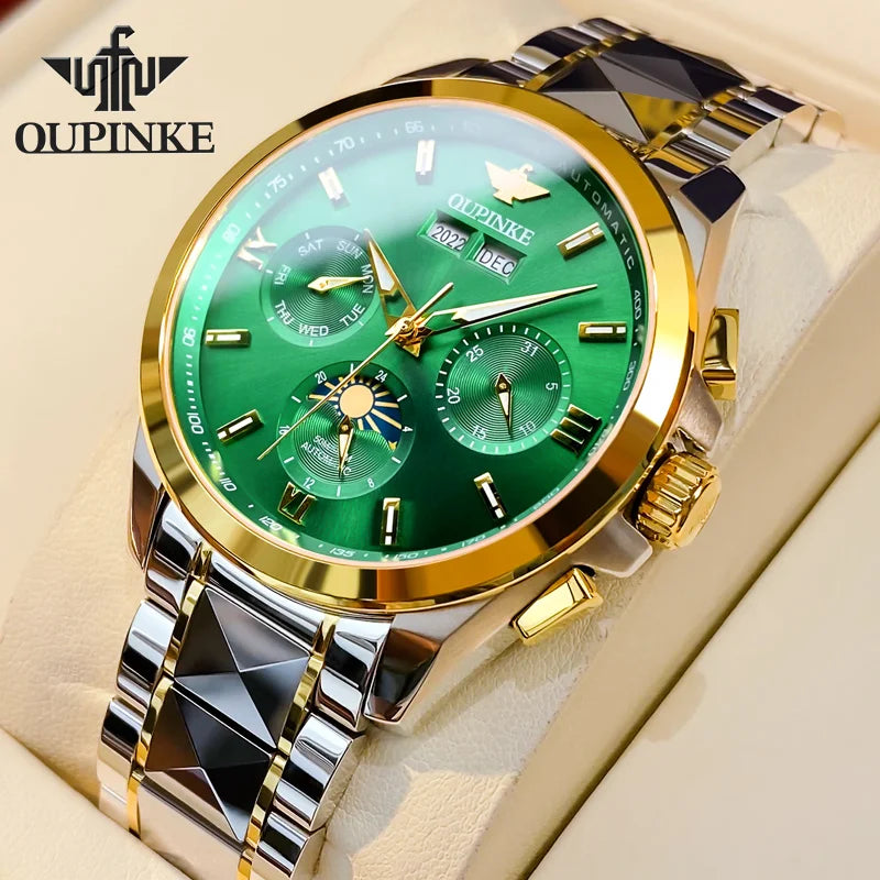 OUPINKE 3201 Men's Watch Top Luxury Brand Tungsten Steel Sapphire Mirror Waterproof Lunar Phase Men's Automatic Mechanical Watch