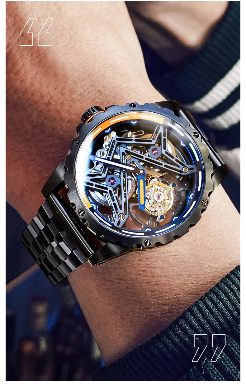 Ideale Ritter 6803 transparente Tourbillon Mann Uhr große Wand Serie Skelett aushöhlen automatische mechanische Armbanduhr für Männer