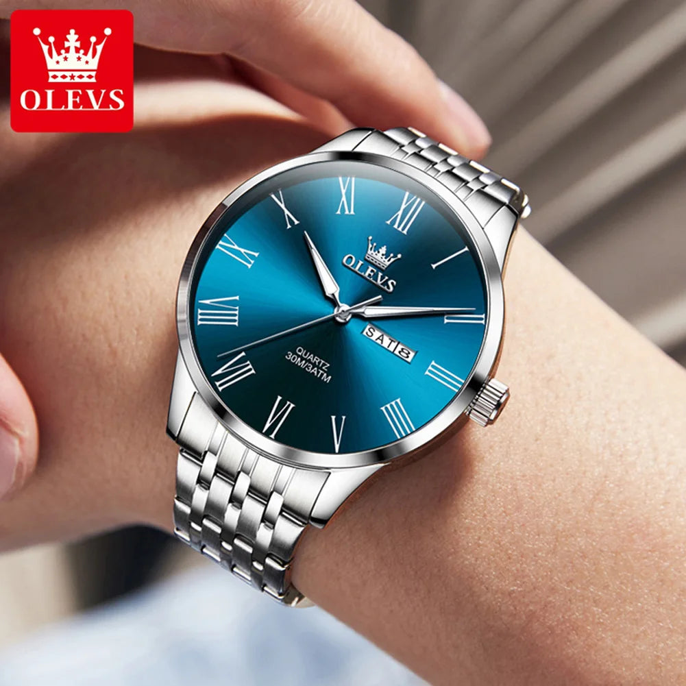 OLEVS 3633 Herrenuhr Business Simply Original Quarzuhr für Herren, wasserdicht, leuchtend, Edelstahl, Dual-Kalenderanzeige