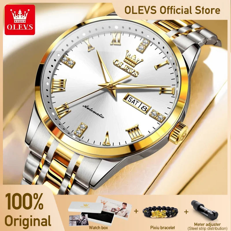 OLEVS 7062 Mens Watch Original Business Brand Mechanical Watch Dual Calendar Display Waterproof Luminous Watch For Men Reloj