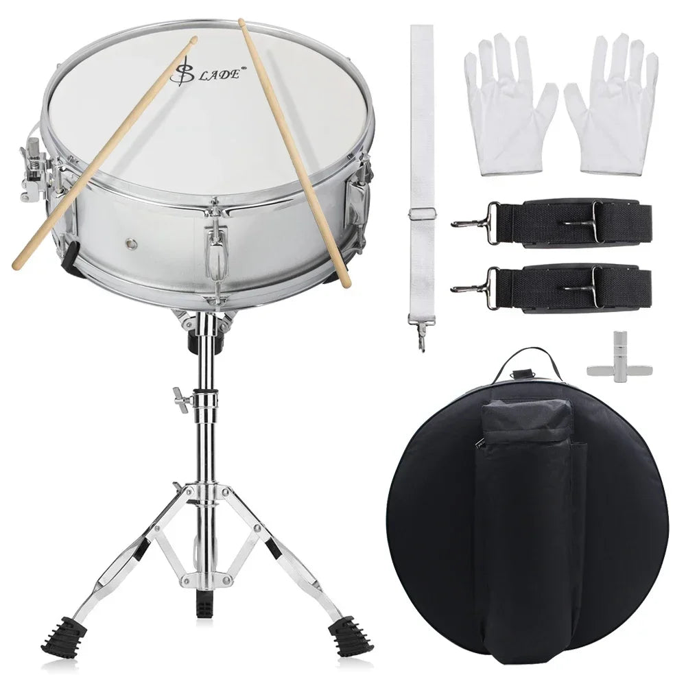 14 Zoll Silber Snare Drum Set Drum Percussion Instrument Jazz Drum Set mit Bag Stand Strap Zubehör für Anfänger üben