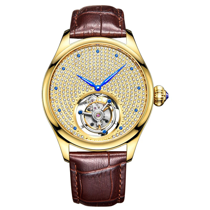 Neue High-End-Männer Tourbillon Uhr Luxus Diamant Saphir Leucht Hände Wasserdicht Original Real Business Mechanische Armbanduhr