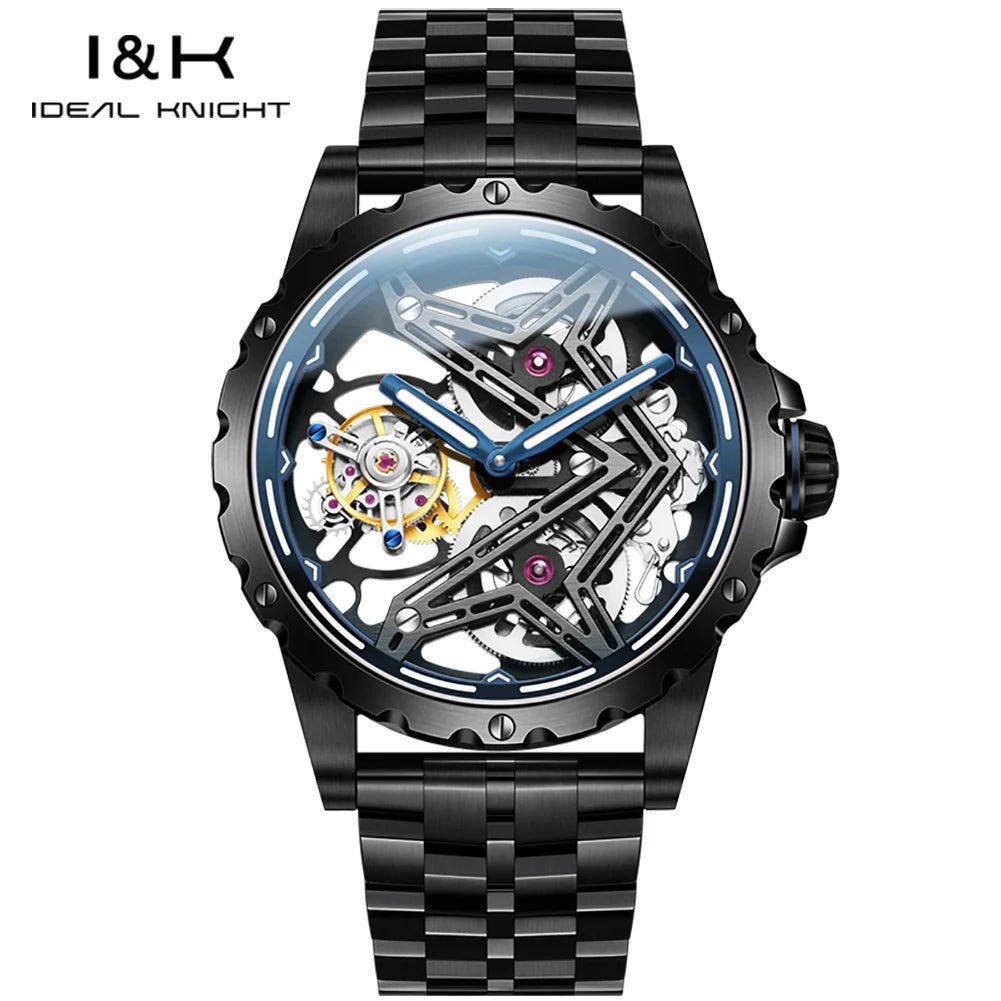 Ideal Knight Tourbillon Automatic Watch for Men Orange Blue Luminous Dial Fashion Black Steel Strap Hand Clock Great Wall Series