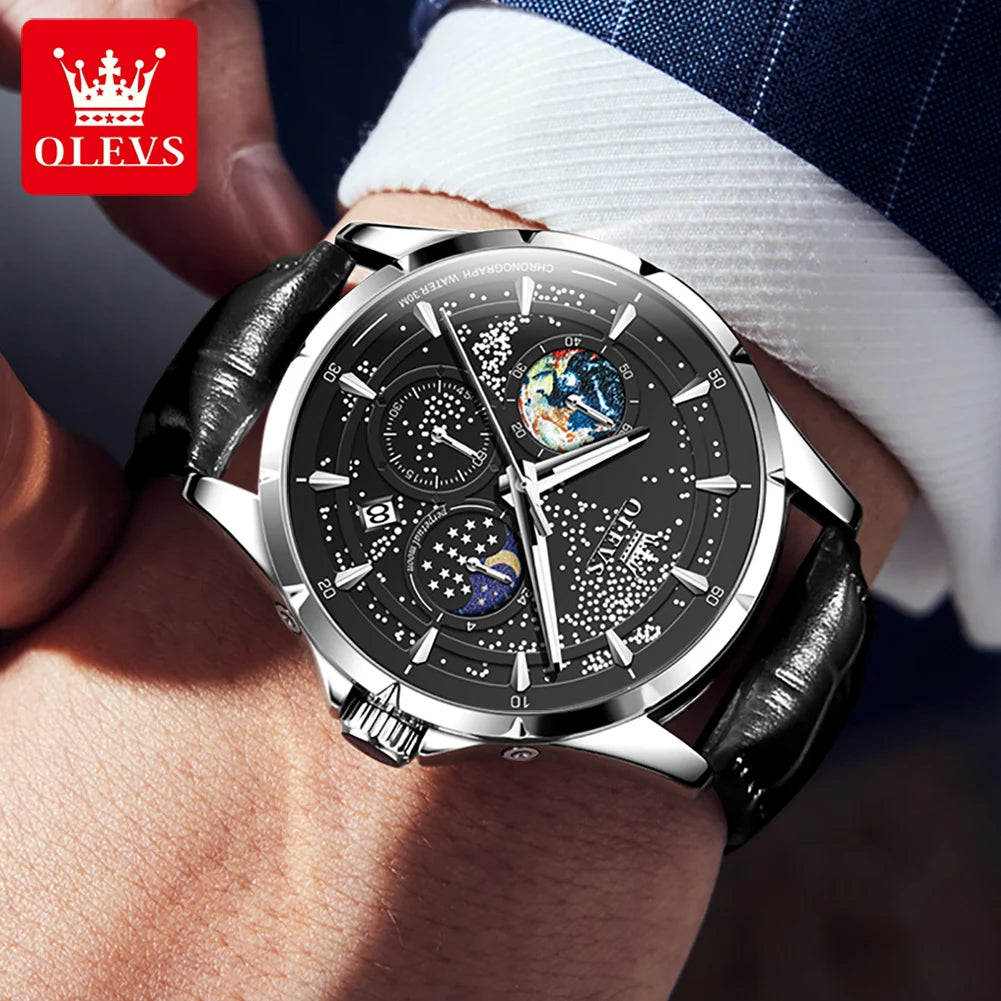 Olevs Herren uhren multifunktion ale Original Quarz Armbanduhr wasserdichte Leder Leucht uhr für Mann Chronograph Mondphase