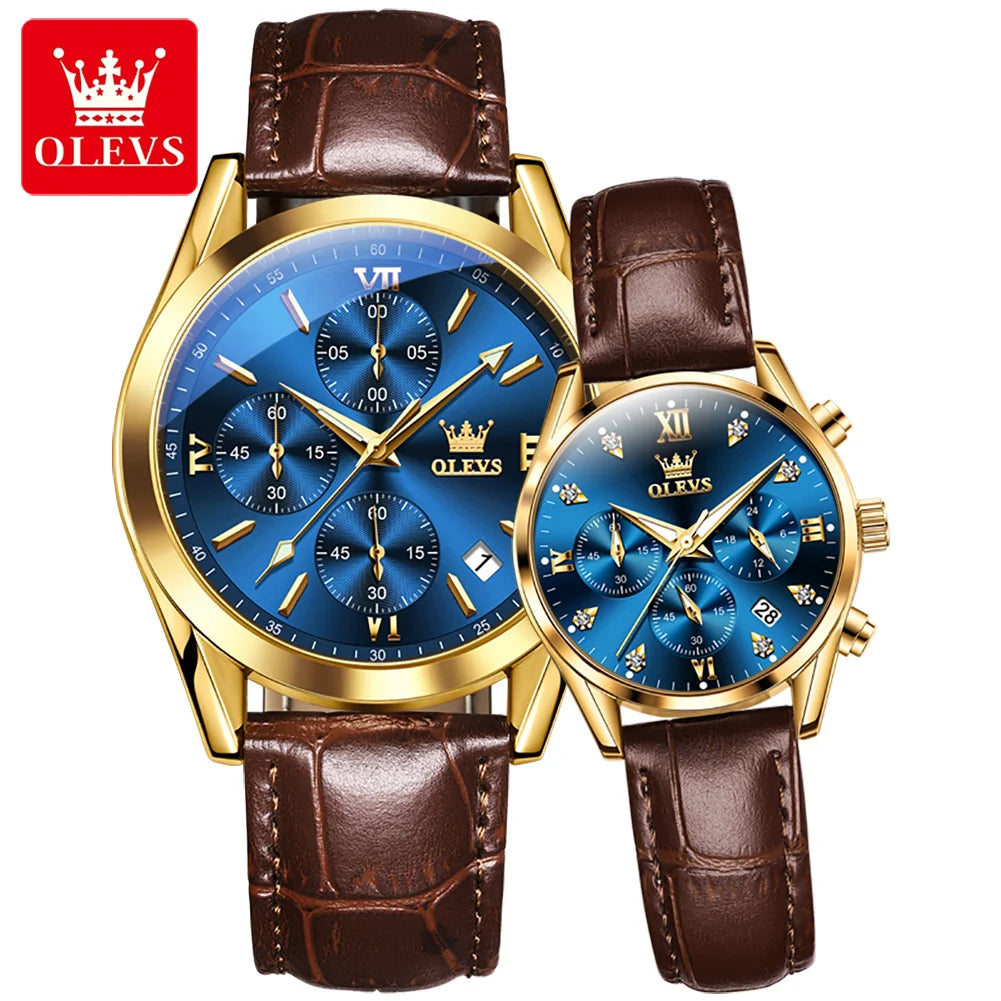 Olevs Paar Uhr für Männer Frauen wasserdichte Quarz Armbanduhr Männer Frauen Leder armband Chronograph Design Liebhaber Uhr Geschenke