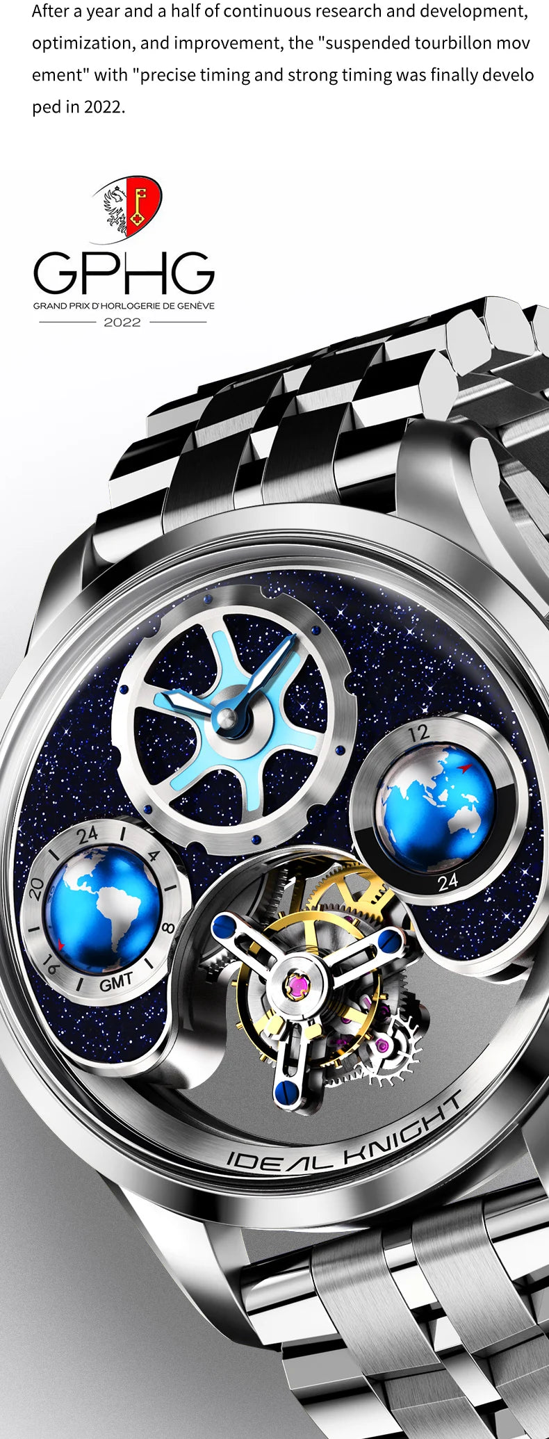 Ideal Knight 6805 Tourbillon Watch for Men 3D Rotating Blue Earth Design 12 Hours Tray Skeleton Waterproof Men's Wristwatches