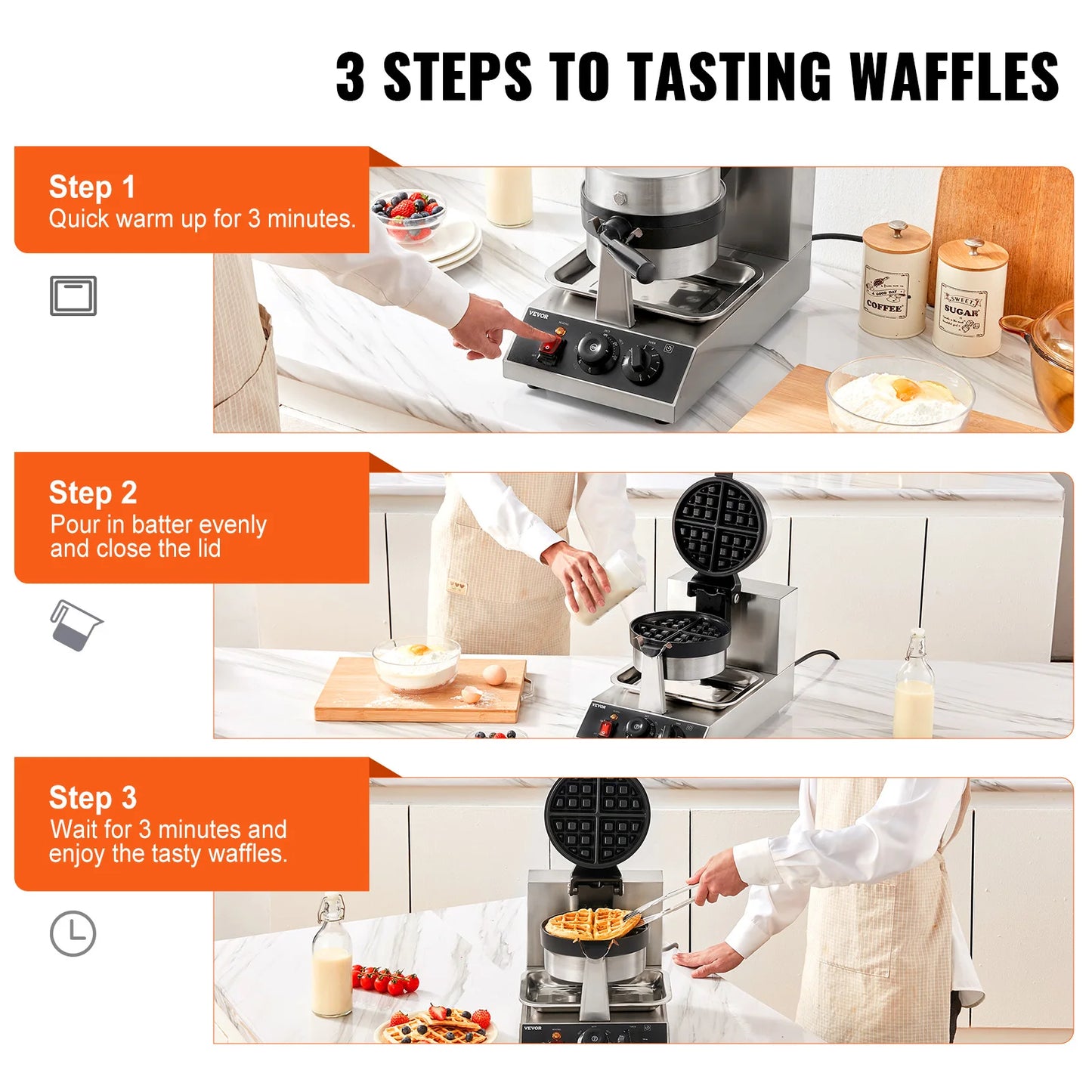 VEVOR Rundes Waffeleisen Waffel 1300 W, Kontaktgrill Belgische Waffeleisen 4 Stk. Edelstahl Waffeln Automat inkl. Lebensmittelclip & Bürsten & Verbrühungssicherer Griff, für Cafés, Restaurant usw.