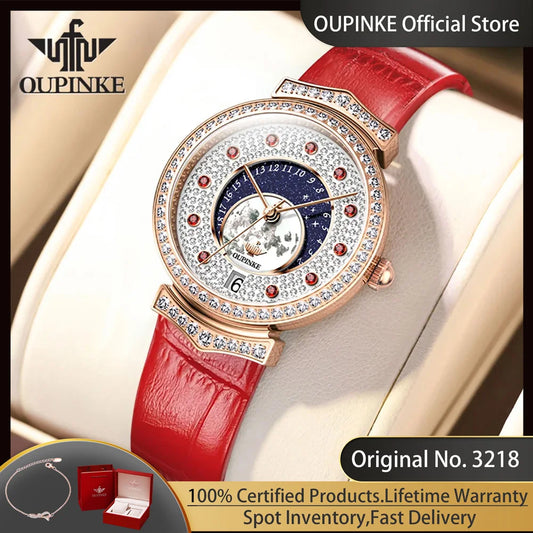 OUPINKE 3218 Volldiamant-Damenuhr, importierte Schweizer Quarzwerk-Uhr für Damen, echtes Lederarmband, luxuriöse Damen-Armbanduhr