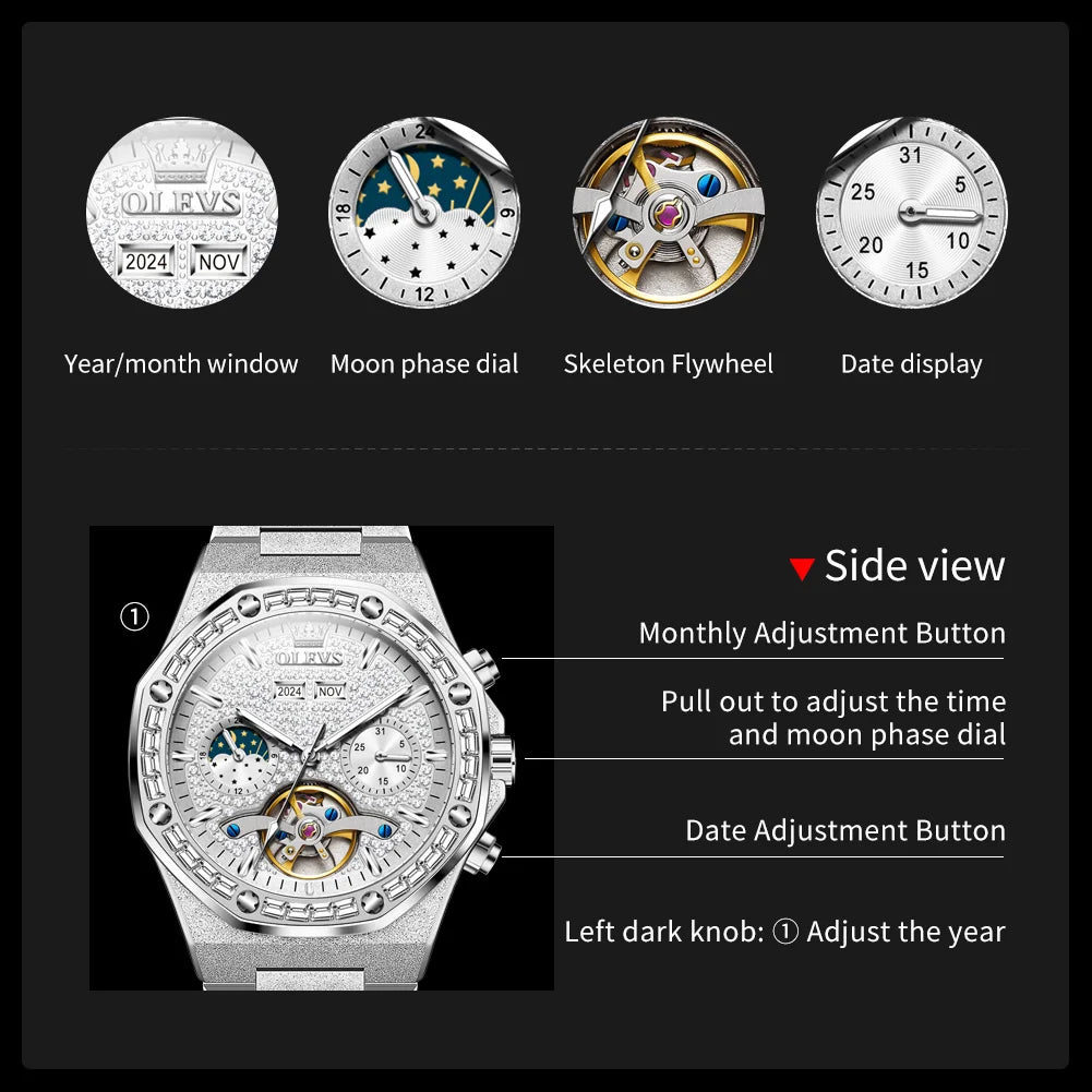 OLEVS 9805 Herrenuhr Originalmarke Tourbillon Automatische mechanische Uhr Diamant Zifferblatt Wasserdicht Mondphase Uhren für Männer