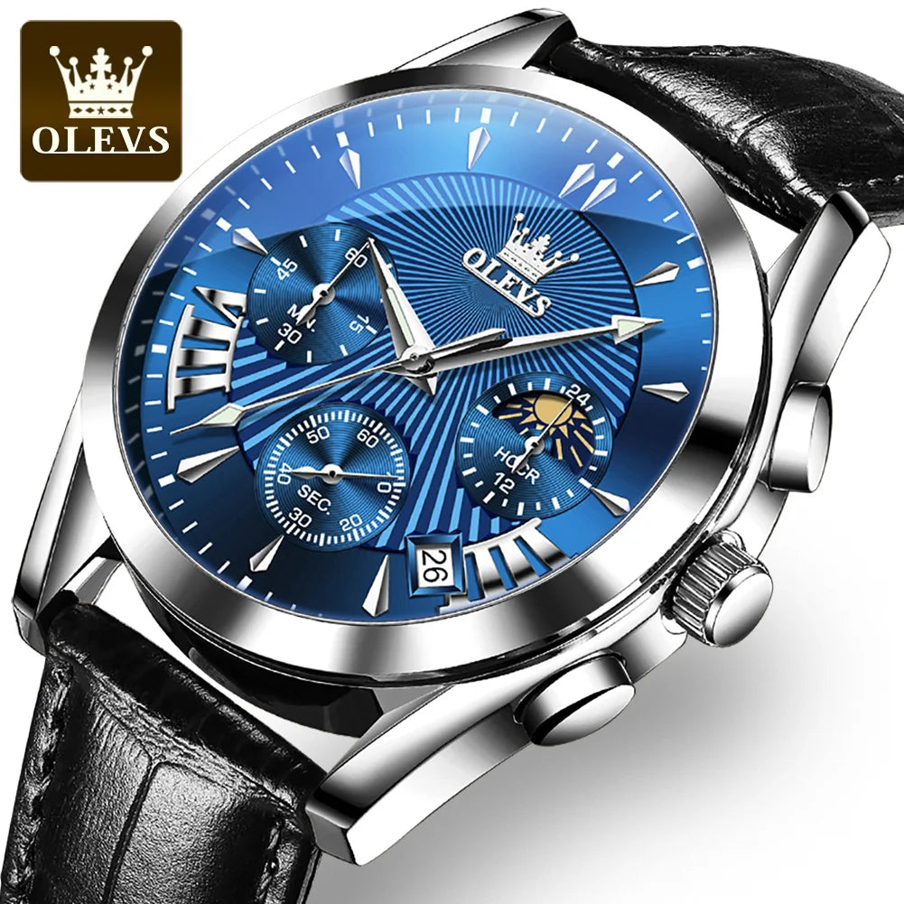 OLEVS Original männer Uhren Sport Chronograph Quarz Männliche Uhr Wasserdicht Lederband Luminous Armbanduhr 24 stunde zifferblatt