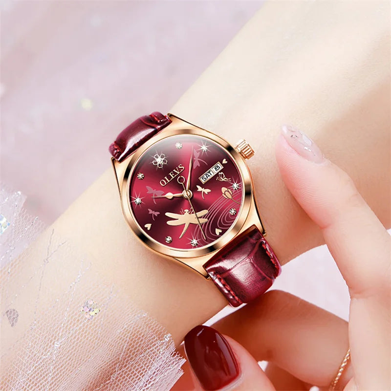 Olevs Luxus Damenmode rote Uhren Qualitäten mechanische Uhr Damen Leder Armbanduhren elegante montre femme