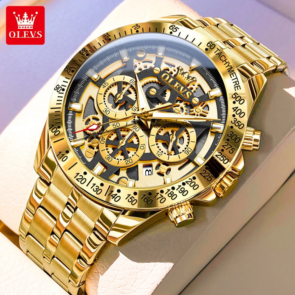 Olevs lxuxry Marke Gold Herren uhren Voll skelett Edelstahl Chronograph Armbanduhr wasserdichte leuchtende Quarzuhr Herren