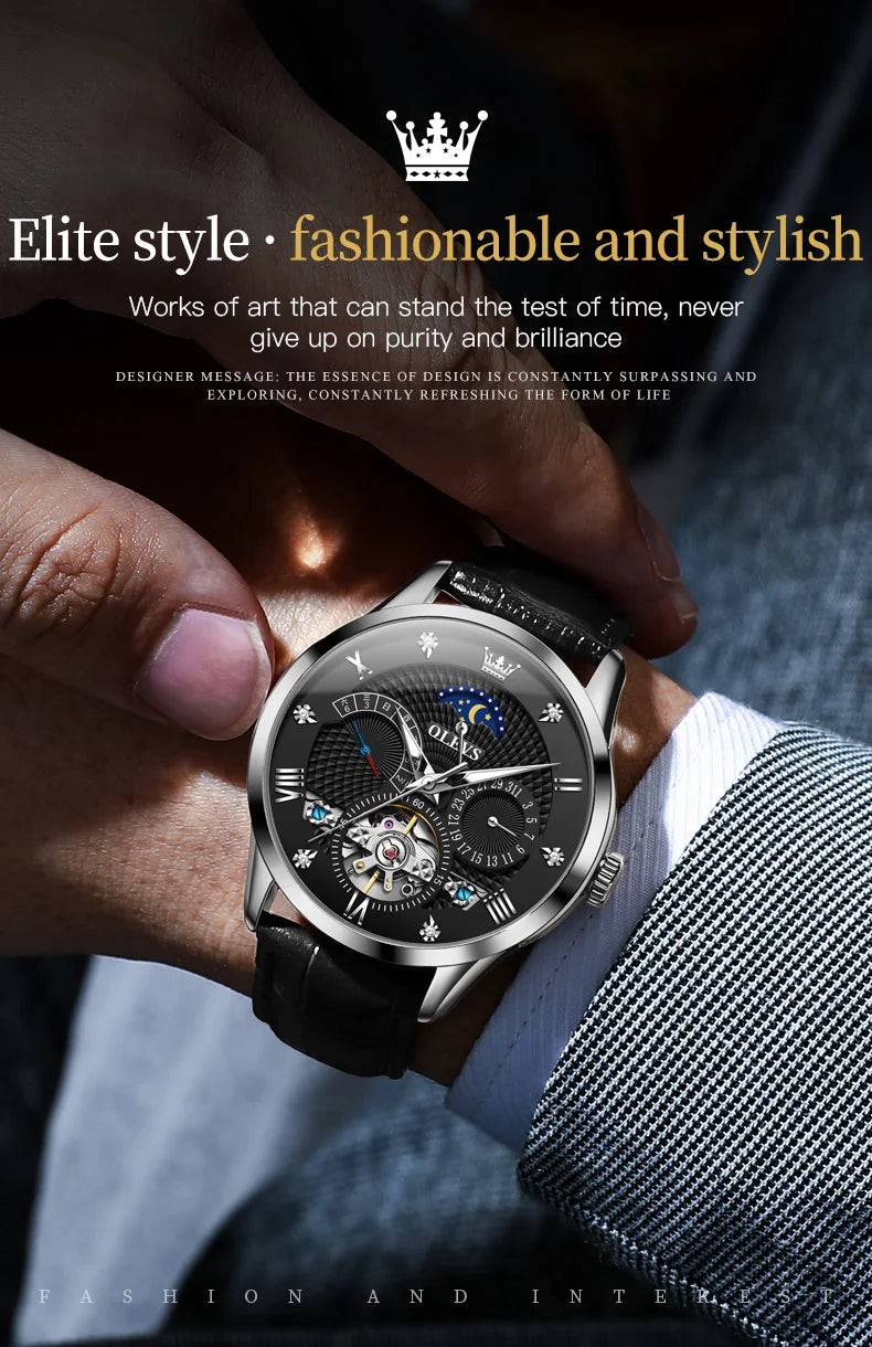 OLEVS herren Uhren Business Skeleton Automatische Mechanische Armbanduhr Wasserdicht Leder Kalender Datum Uhr für Mann Neue Ankunft