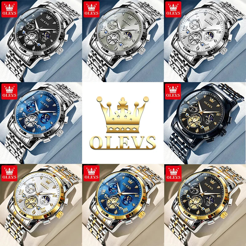 OLEVS Herrenuhren, klassisch, multifunktional, Fltwheel-Chronograph, Original-Quarz-Armbanduhr, Mondphase, 24-Stunden-wasserdicht, reloj