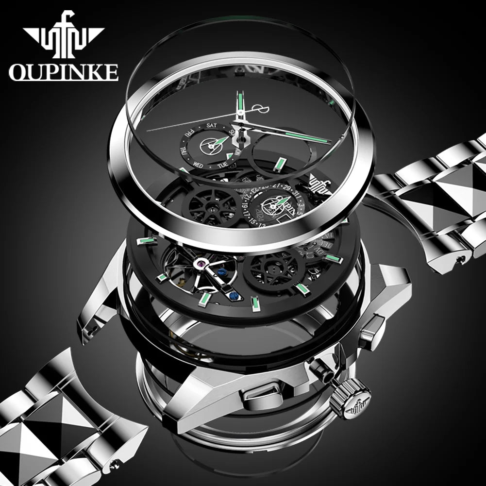 Oupinke 3233 neue automatische mechanische Uhr für Männer hohle 42mm große Zifferblatt Handuhr Wolfram Stahl armband Original Herren uhren