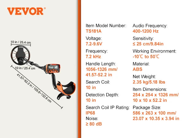 VEVOR Metalldetektor Kit für Erwachsene Multifunktionaler Profi-Detektor mit 7 Modi Metallsuchgerät wasserdichte 25,4cm Spule für Größere Tiefe, mit Schaufel und Tragetasche