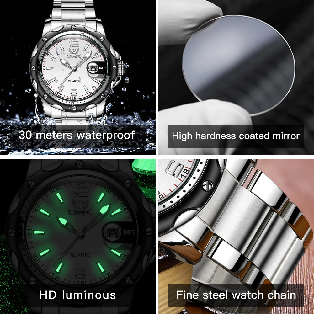 Opk uhren für menoriginal wasserdichte quarzuhr leuchtende armbanduhr edelstahl männlich datums anzeige reloj hombr