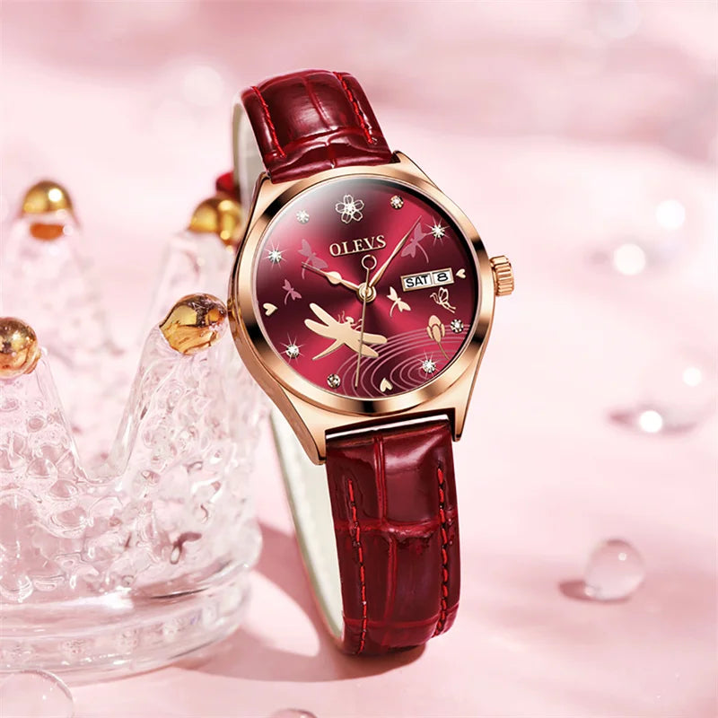 Olevs Luxus Damenmode rote Uhren Qualitäten mechanische Uhr Damen Leder Armbanduhren elegante montre femme