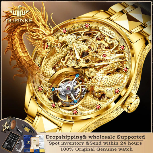 OUPINKE 3176 Luxuriöse, hochwertige, vollautomatische mechanische Tourbillon-Uhr mit vollem goldenem Drachen-Zifferblatt, Saphirspiegel-Herrenuhr