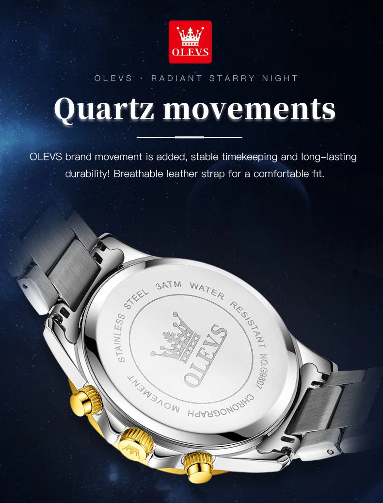 OLEVS 9807 Herrenuhren Original Quarzuhr für Herren Multifunktions-Chronograph Edelstahl Wasserdicht Leuchtend Reloj Hombre