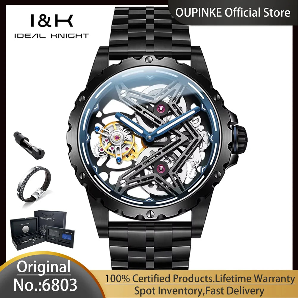 Ideale Ritter 6803 transparente Tourbillon Mann Uhr große Wand Serie Skelett aushöhlen automatische mechanische Armbanduhr für Männer