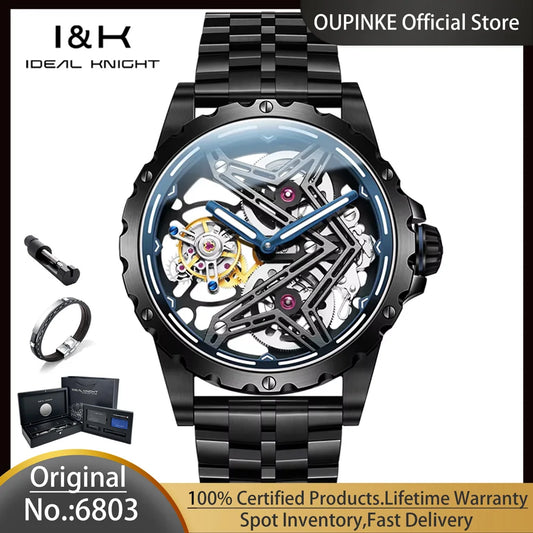 Ideale Ritter 6803 transparente Tourbillon Mann Uhr große Wand Serie Skelett aushöhlen automatische mechanische Armbanduhr für Männer