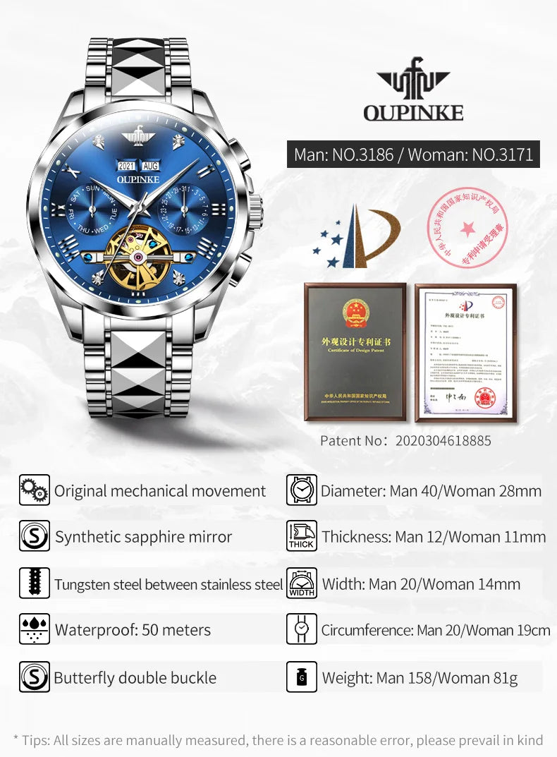 OUPINKE Paar Uhren Top Luxus Original Automatische Mechanische Armbanduhr Wasserdicht Wolfram Stahl Liebhaber Uhr für Männer Frauen