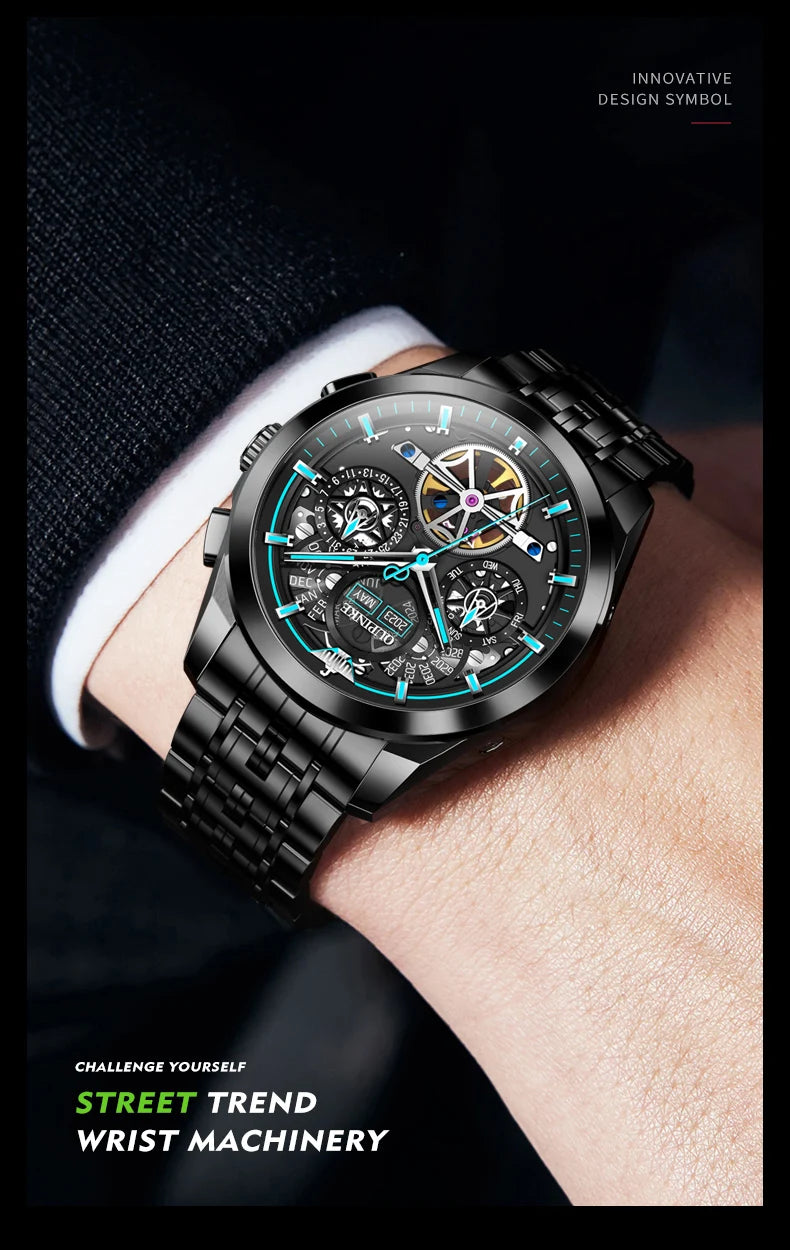 Oupinke 3235 schwarz Skelett Schwungrad automatische mechanische Uhren für Männer Multifunktions-Edelstahl Luxusmarke Armbanduhr