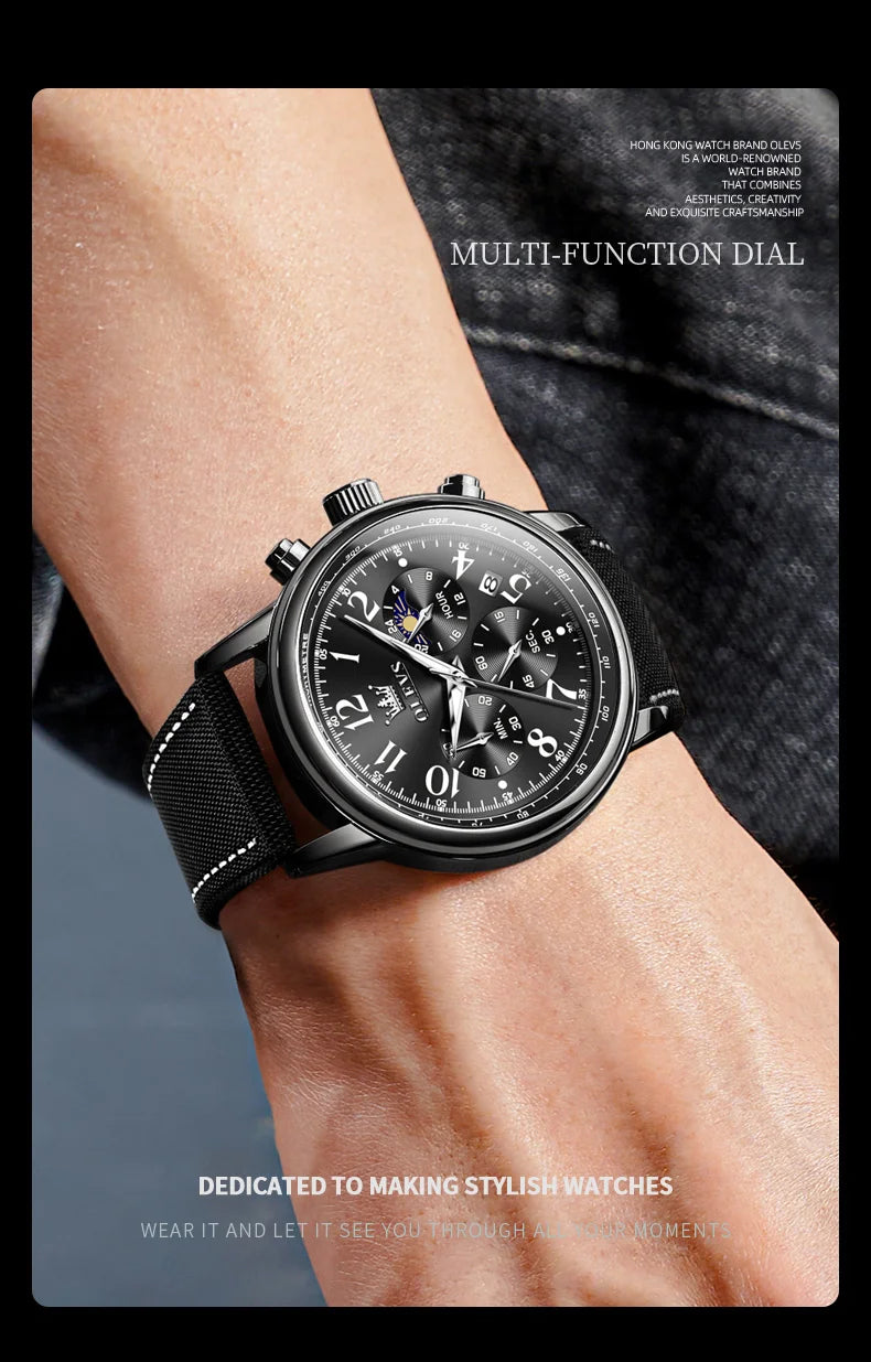 OLEVS Herrenuhren im jungen Sportstil, Original-Quarz-Armbanduhr für Herren, wasserdicht, leuchtend, Chronograph, Datum, Mondphase