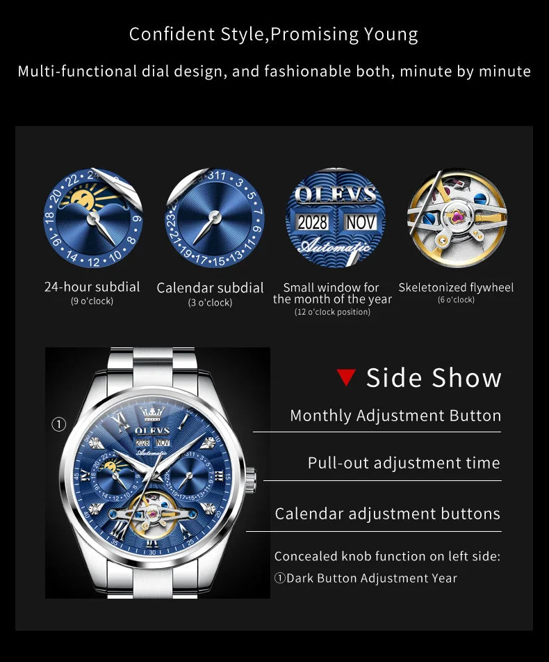 OLEVS 7028 Herrenuhren, Top-Luxusmarke, automatische mechanische Business-Armbanduhr, wasserdicht, Chronograph, Luxusuhr für Herren