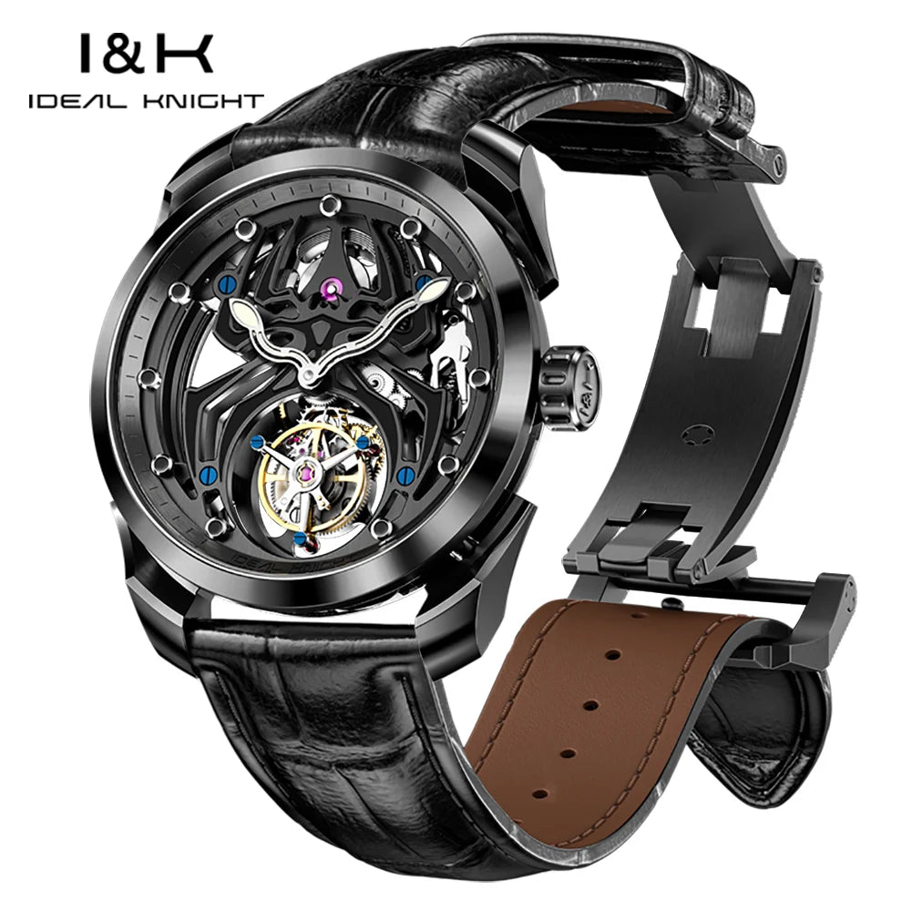 Ideale Ritter Tourbillon Uhren für Männer High-End-Luxusmarke Skelett Schwungrad voll automatische mechanische Herren Armbanduhr