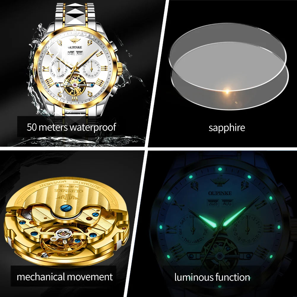 OUPINKE 3240 Herrenuhr, Luxusmarke, automatische mechanische Uhr, Wolframstahl, Skelett, großes Zifferblatt, Tourbillon-Uhr, Herrengeschenke