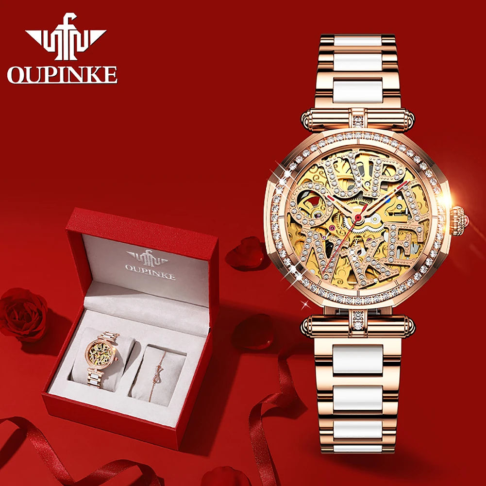 OUPINKE 3175 Frauen Uhr Original Automatische Mechanische Uhr Luxus Marke Wasserdichte Uhr Elegante Geschenk Box Mädchen Diamant Uhr