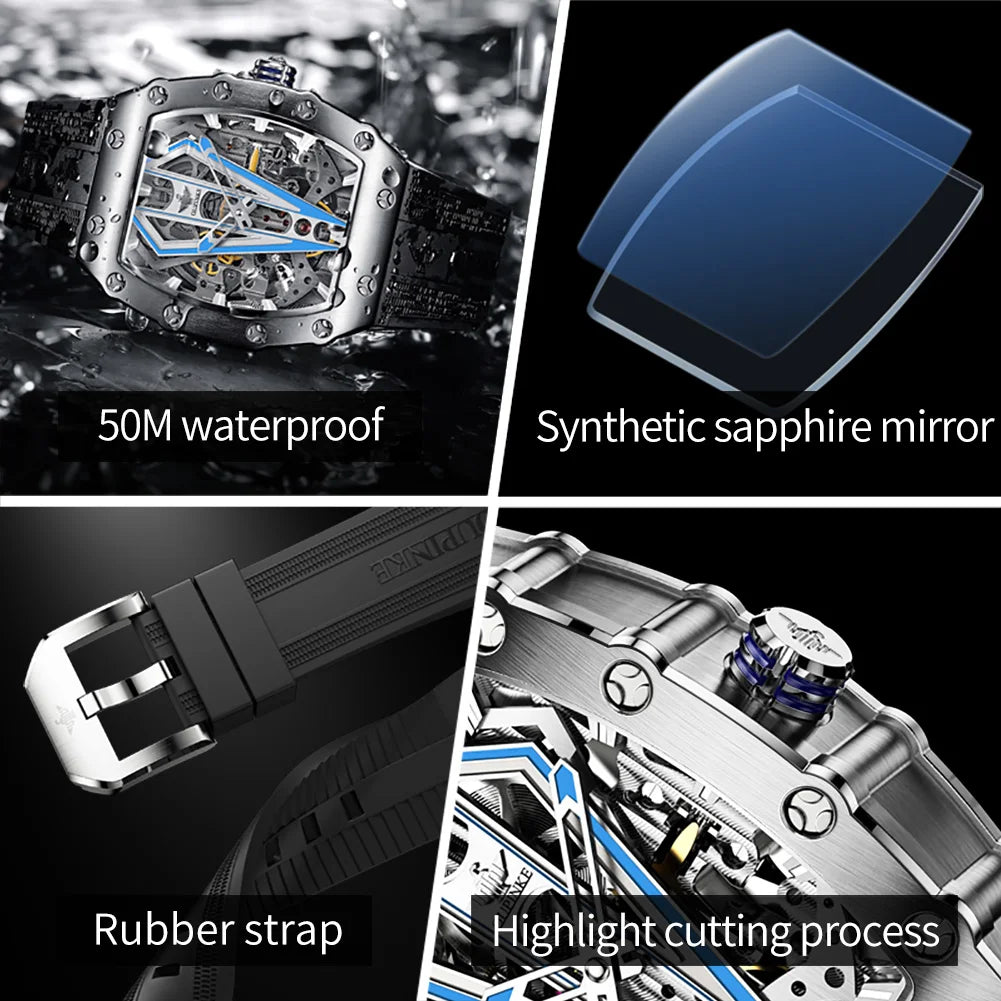 OUPINKE 3179 Men's Watch Luxury Brand Automatic Mechanical Watch Silicone Strap Sapphire Mirror Waterproof Skeleton Men's Watch