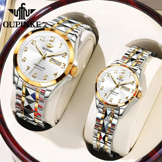 Oupinke 3228 Original Paar Uhr Set für Männer Frauen Digital Zifferblatt Business Armbanduhren Wolfram Stahl armband automatische Handuhr