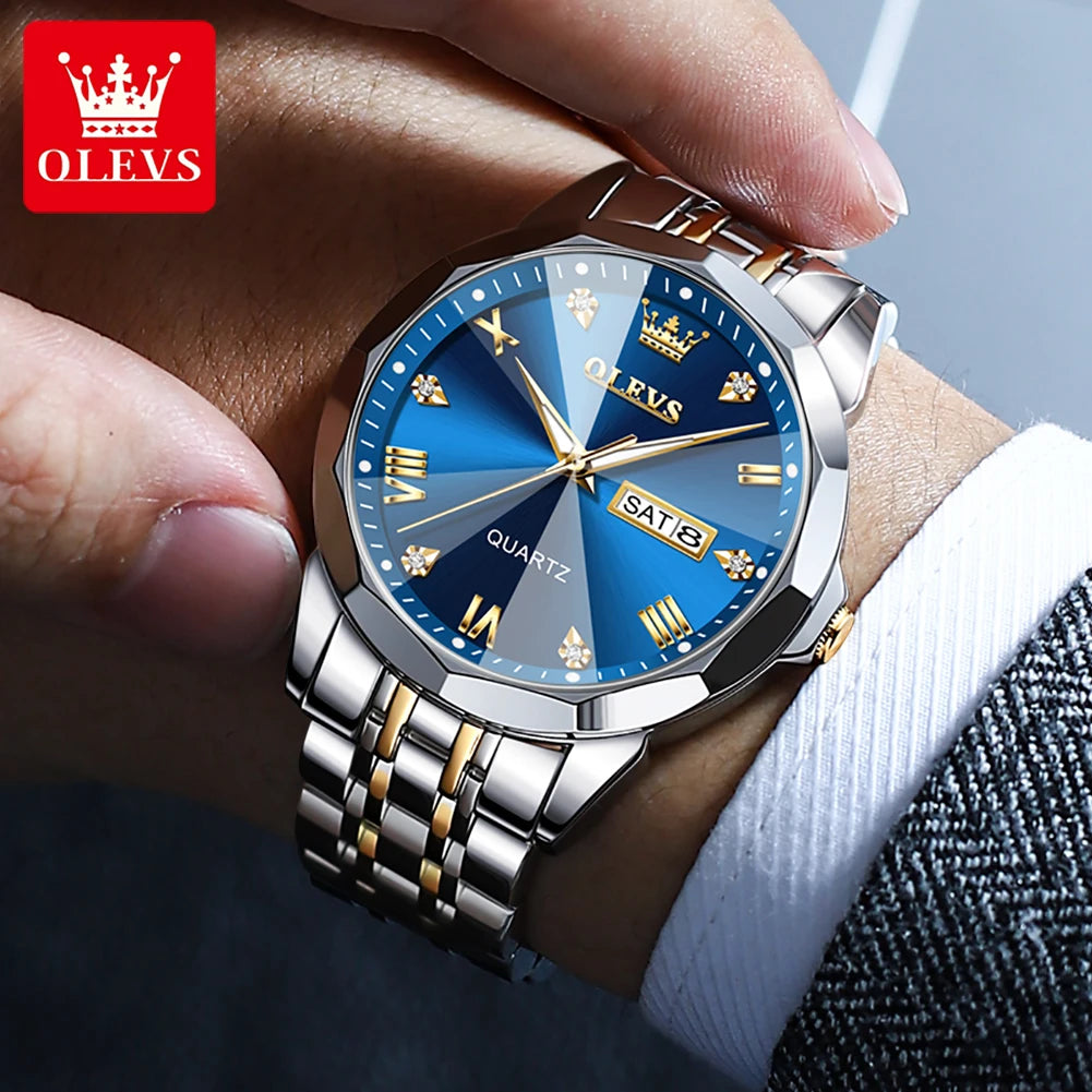 OLEVS Herrenuhren Rhombus Mirror Original Quarzuhr für Mann Wasserdicht Leuchtende Edelstahl-Armbanduhr Männlich Datum Woche