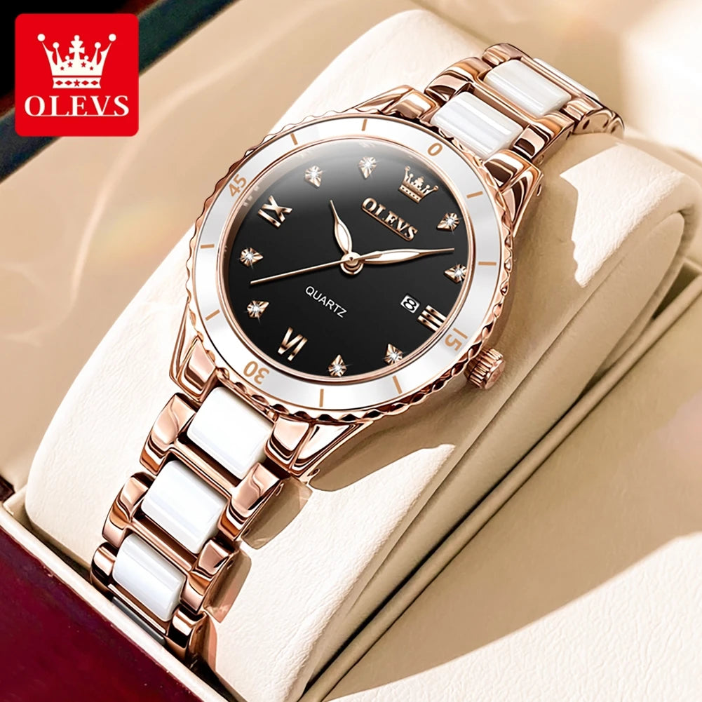 OLEVS Damenuhren, elegante Mode, Keramik, Quarz, Wirtwatch für Damen, Diamant-Skala, Datumsanzeige, wasserdicht, leuchtend