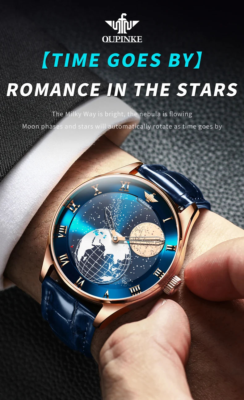 OUPINKE 3230 Men's Fully Automatic Mechanical Watch High Quality CITIZEN Movement Watch 3D Earth Starry Sky Business Men's Watch