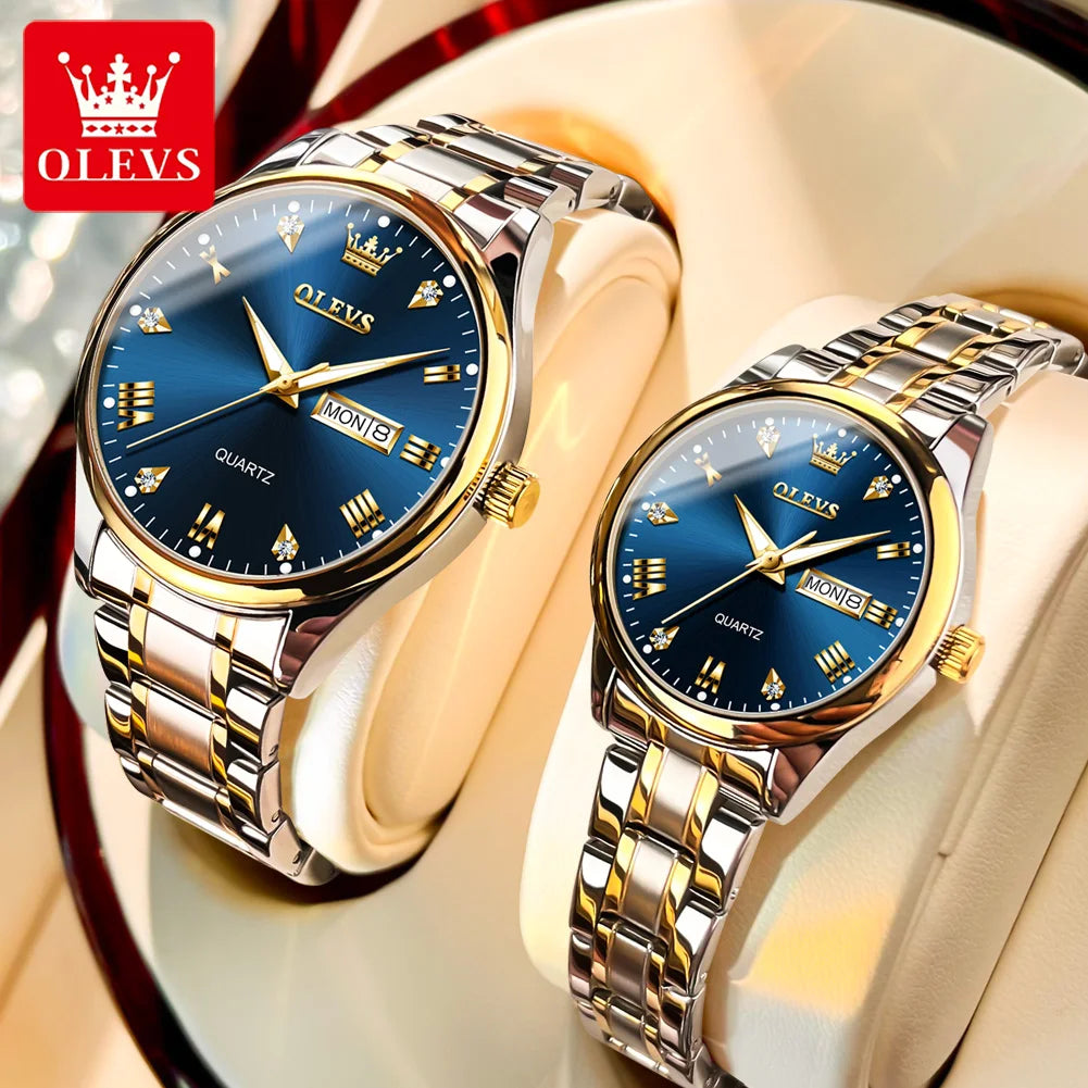 OLEVS Paar Uhren Einfache Mode Original Quarz Armbanduhr Wasserdicht Leuchtende Uhr Set Römische Ziffer Zifferblatt