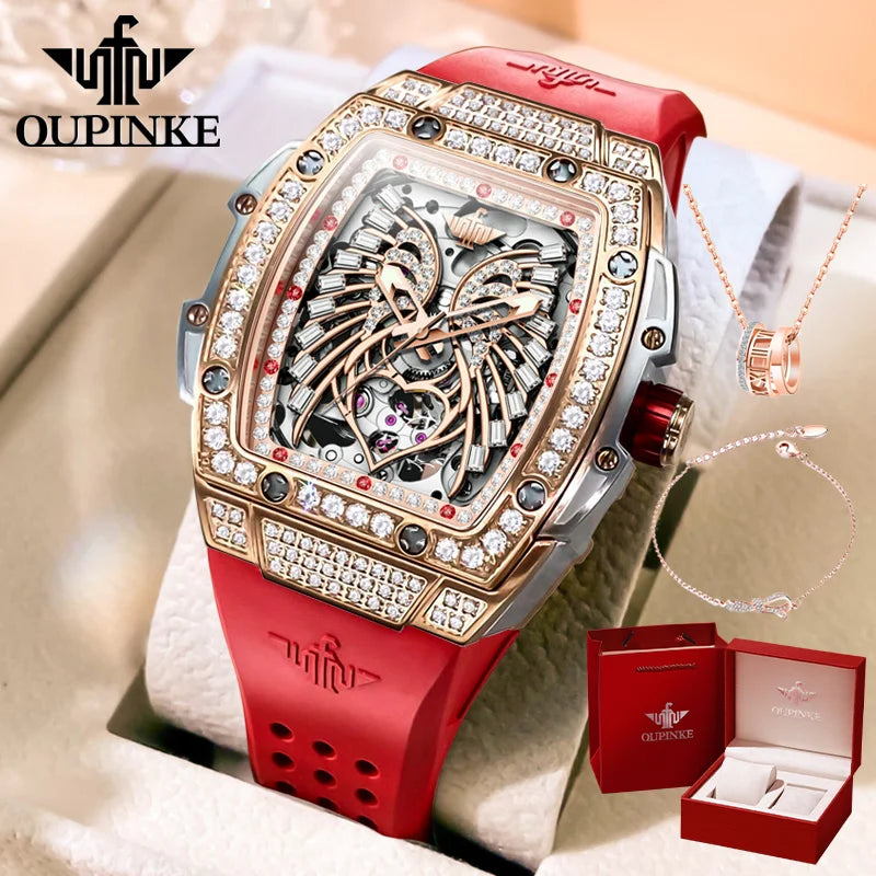 Oupinke 3225 Damen uhr Luxusmarke alle Diamant automatische mechanische Uhr klassische Silikon wasserdichte elegante Damen uhr