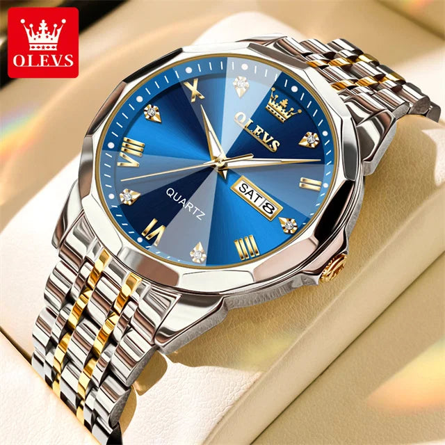 Olevs 9931 Quarzuhr für Männer Raute Spiegel Edelstahl wasserdicht Auto Datum Woche Uhr Einfachheit Luxus Herren Armbanduhr