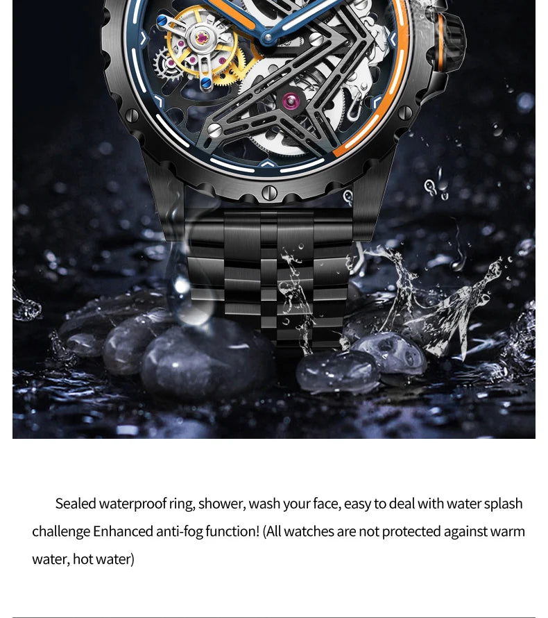 Ideal Knight Tourbillon Automatic Watch for Men Orange Blue Luminous Dial Fashion Black Steel Strap Hand Clock Great Wall Series