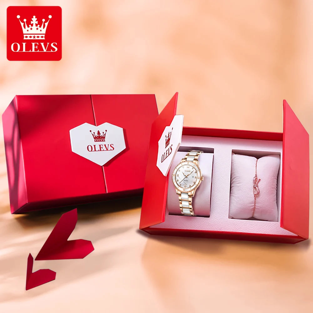 OLEVS Damenuhren, elegante Mode, Keramik, Quarz, Wirtwatch für Damen, Diamant-Skala, Datumsanzeige, wasserdicht, leuchtend