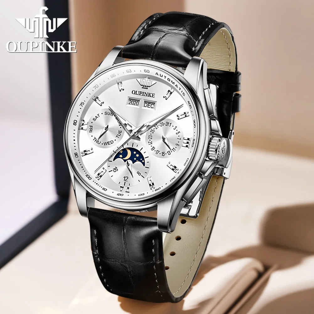 OUPINKE Echte männer Automatische Mechanische Uhr Wasserdicht Kalender Saphir Spiegel Armbanduhr herren Uhr Religio Masculino