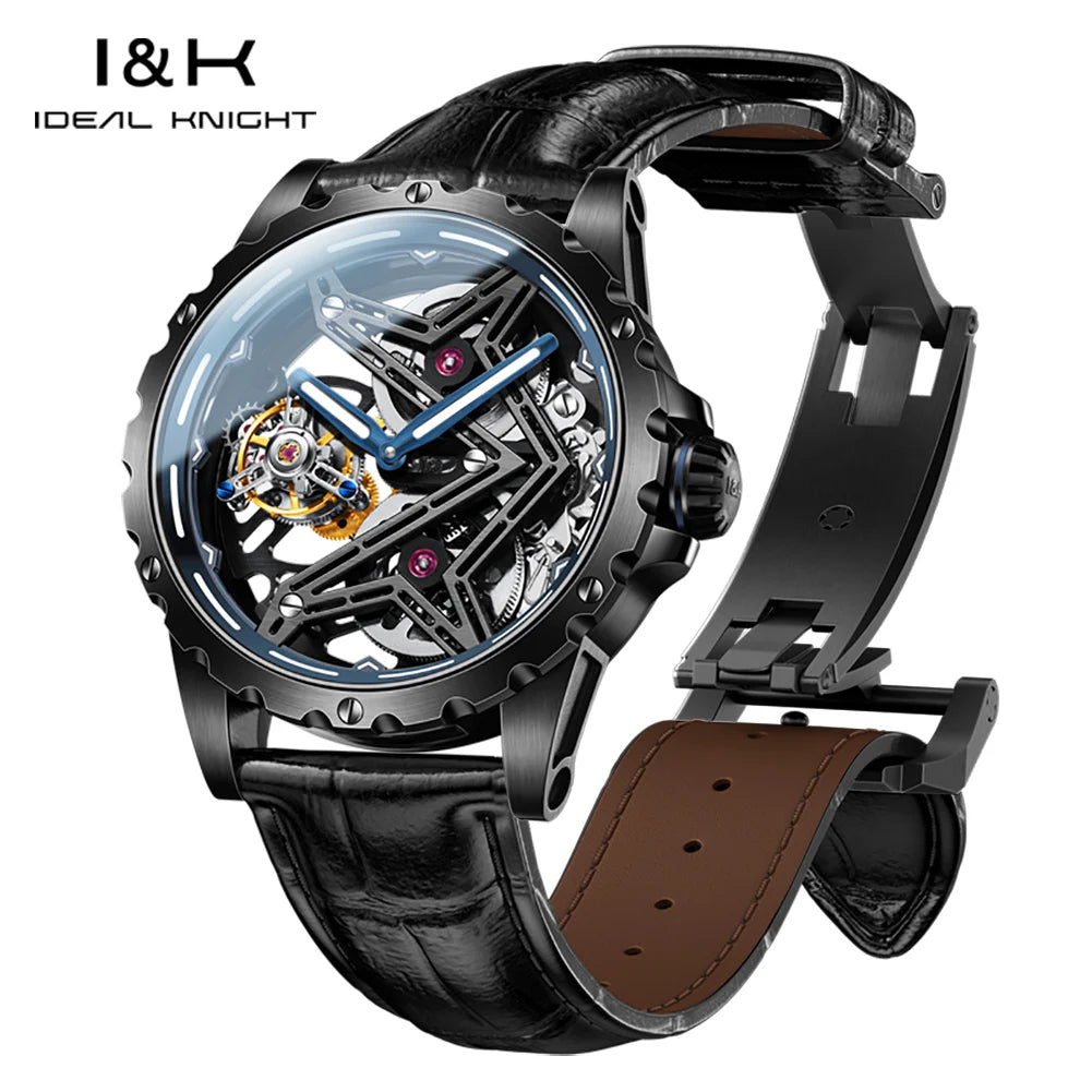 Ideale Ritter 6803 transparente Tourbillon Mann Uhr große Wand Serie Skelett aushöhlen automatische mechanische Armbanduhr für Männer