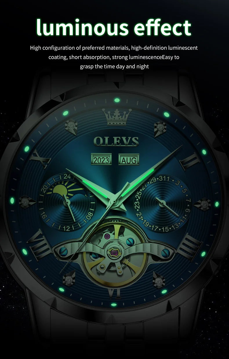 Olevs Herren uhren Luxus geschäft Original automatische Schwungrad mechanische Uhr für Mann ewigen Kalender Mondphase leuchtend