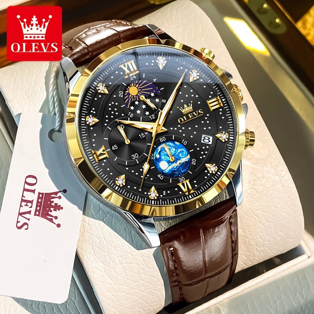 OLEVS Luxury Luminous Starry Sky Dial Men's Watches Moon Phase Waterproof Original Quartz Watch for Male Wristwatch Chronograph