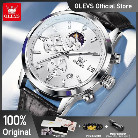 OLEVS 9812 Herrenuhr, neue Original-komfortable Quarzuhr, Lederarmband, wasserdicht, leuchtende Mondphase, automatische Datumsuhr