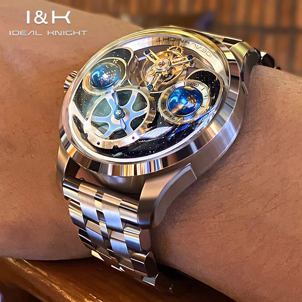 Ideal Knight 6805 Tourbillon Watch for Men 3D Rotating Blue Earth Design 12 Hours Tray Skeleton Waterproof Men's Wristwatches