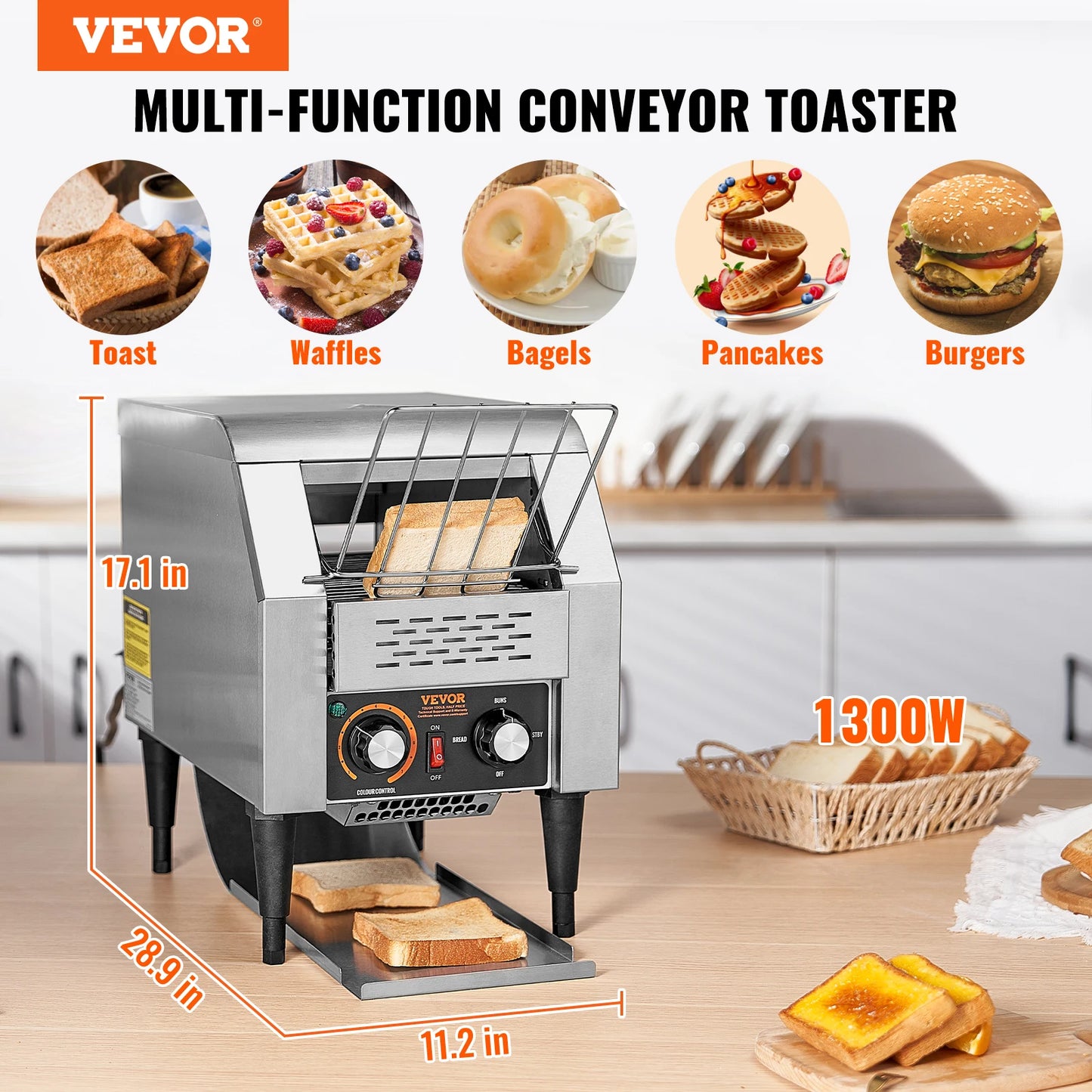 VEVOR Durchlauf-Toaster 1300 W Förderbandtoaster, Kettentoaster, Drei Multifunktionale Betriebsarten 150 Scheiben pro Stunde, Silber Kommerzieller Toaster Förderband Edelstal Restaurants, Bäckereien